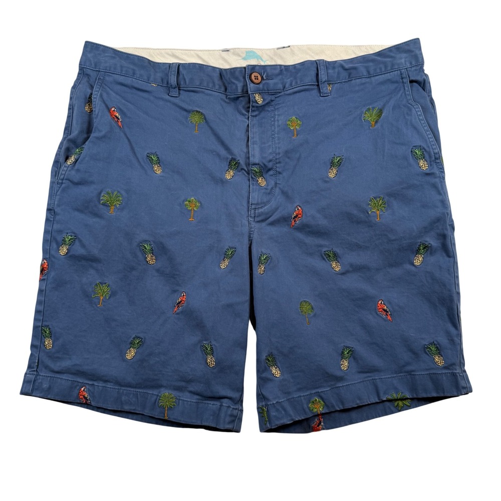Tommy Bahama Embroidered Shorts Mens 38 Blue Pineapple Palm Parrot Chino